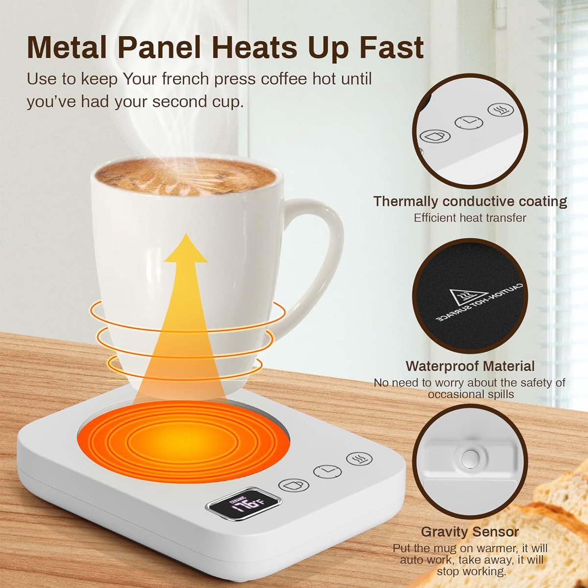 Ein weißer Kaffeebecher steht auf einem weißen Wärmer mit einem orangefarbenen Heizelement. Zu den Merkmalen gehören Temperaturanzeige und Bedienelemente.