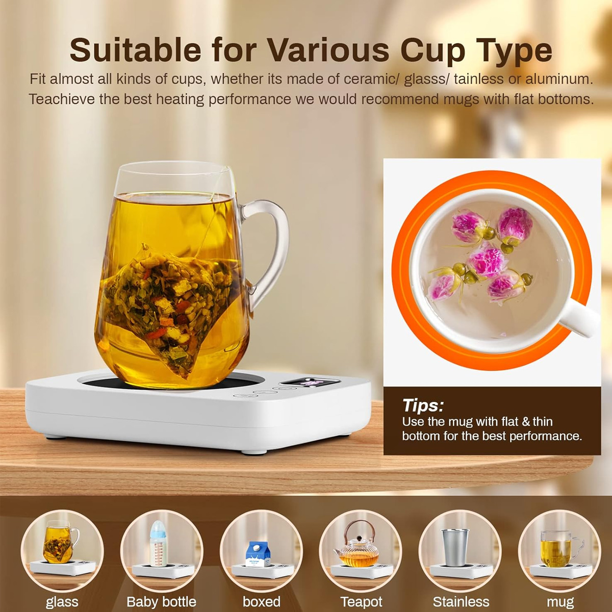 Ein Glasbecher mit Teebeutel auf einem weißen Wärmer. Rechts befindet sich eine Tasse mit Blumen. Verschiedene Becherarten sind unten abgebildet.