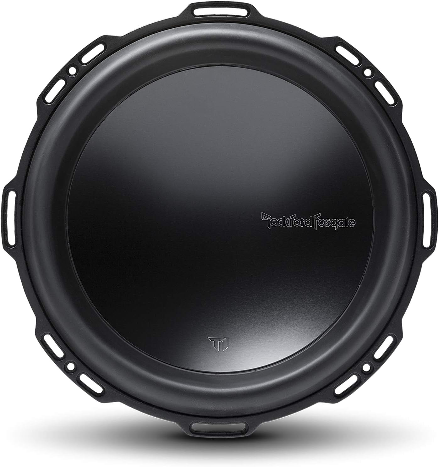 Schwarzer Subwoofer mit kreisförmigem Design. Der Markenname und das Logo sind sichtbar. Verfügt über einen schwarzen Rahmen mit Befestigungslöchern.