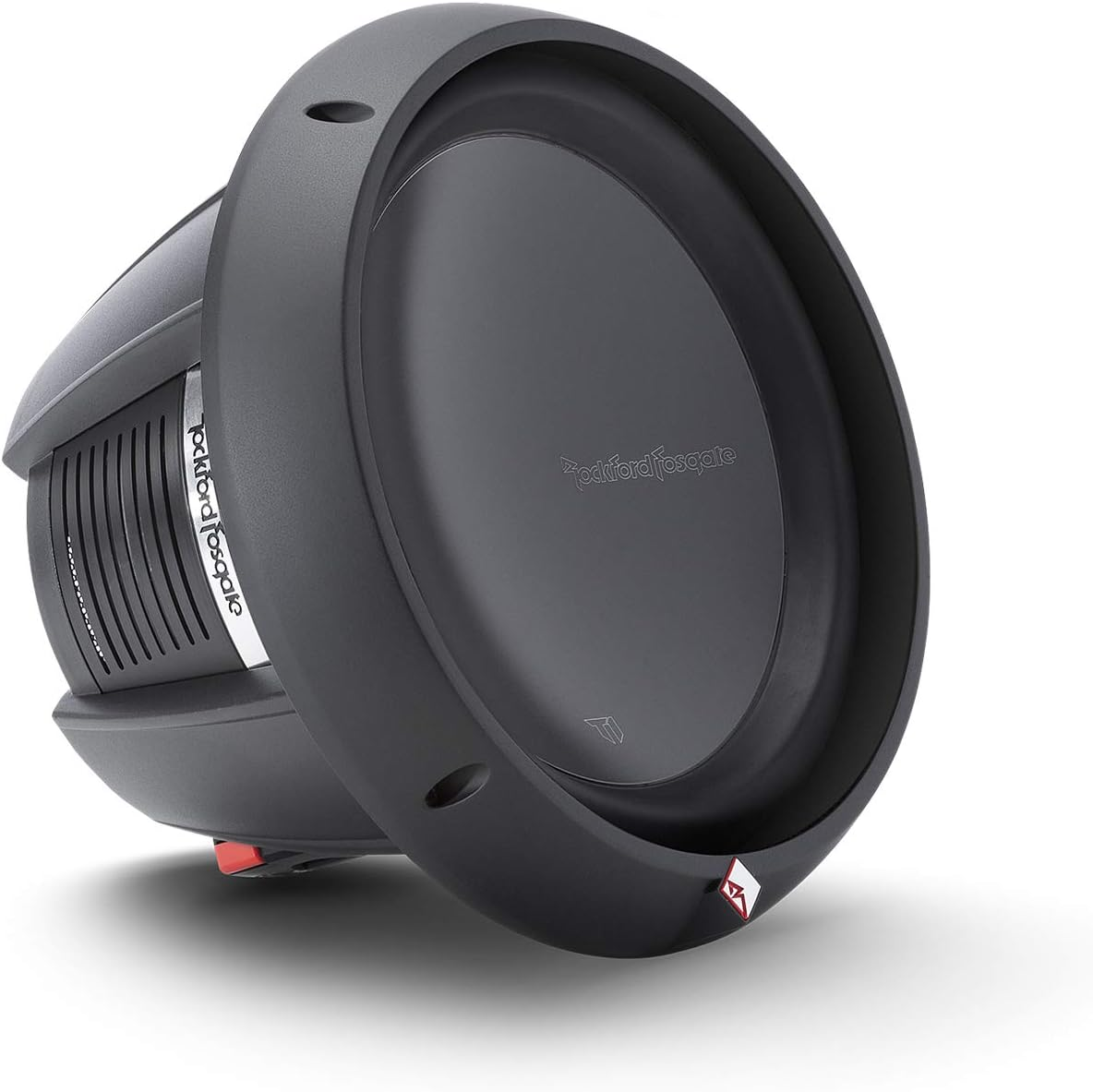 Ein schwarzer Rockford Fosgate Subwoofer. Der Lautsprecher hat eine runde Form und einen roten Akzent. Das Logo der Marke ist sichtbar.