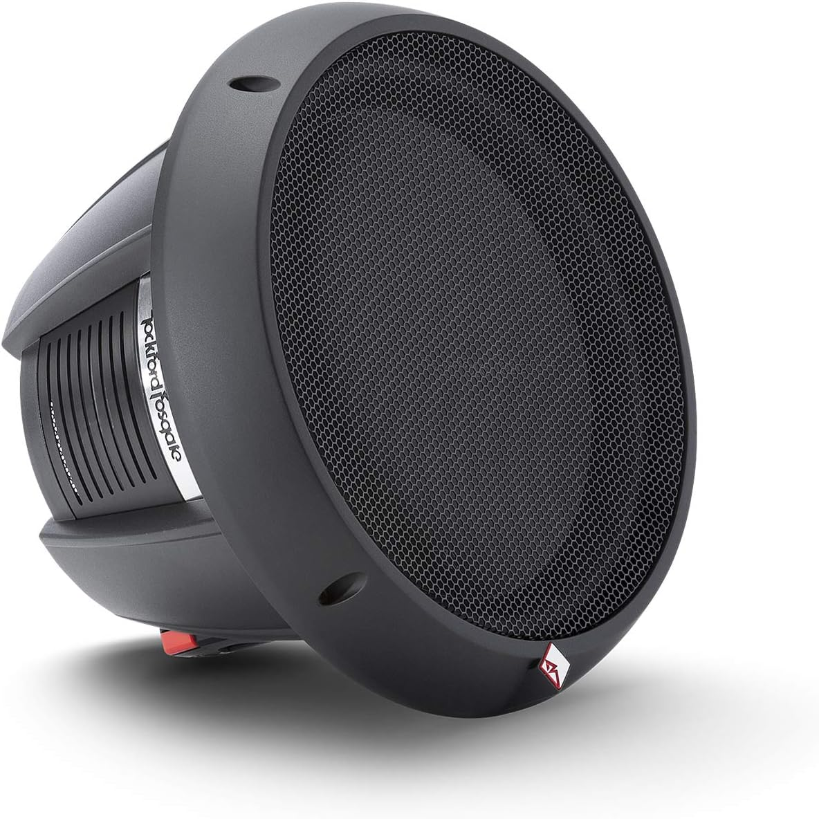 Ein schwarzer Lautsprecher mit Gitterfront. Das Rockford Fosgate Logo ist sichtbar. Der Lautsprecher steht auf weißem Untergrund.