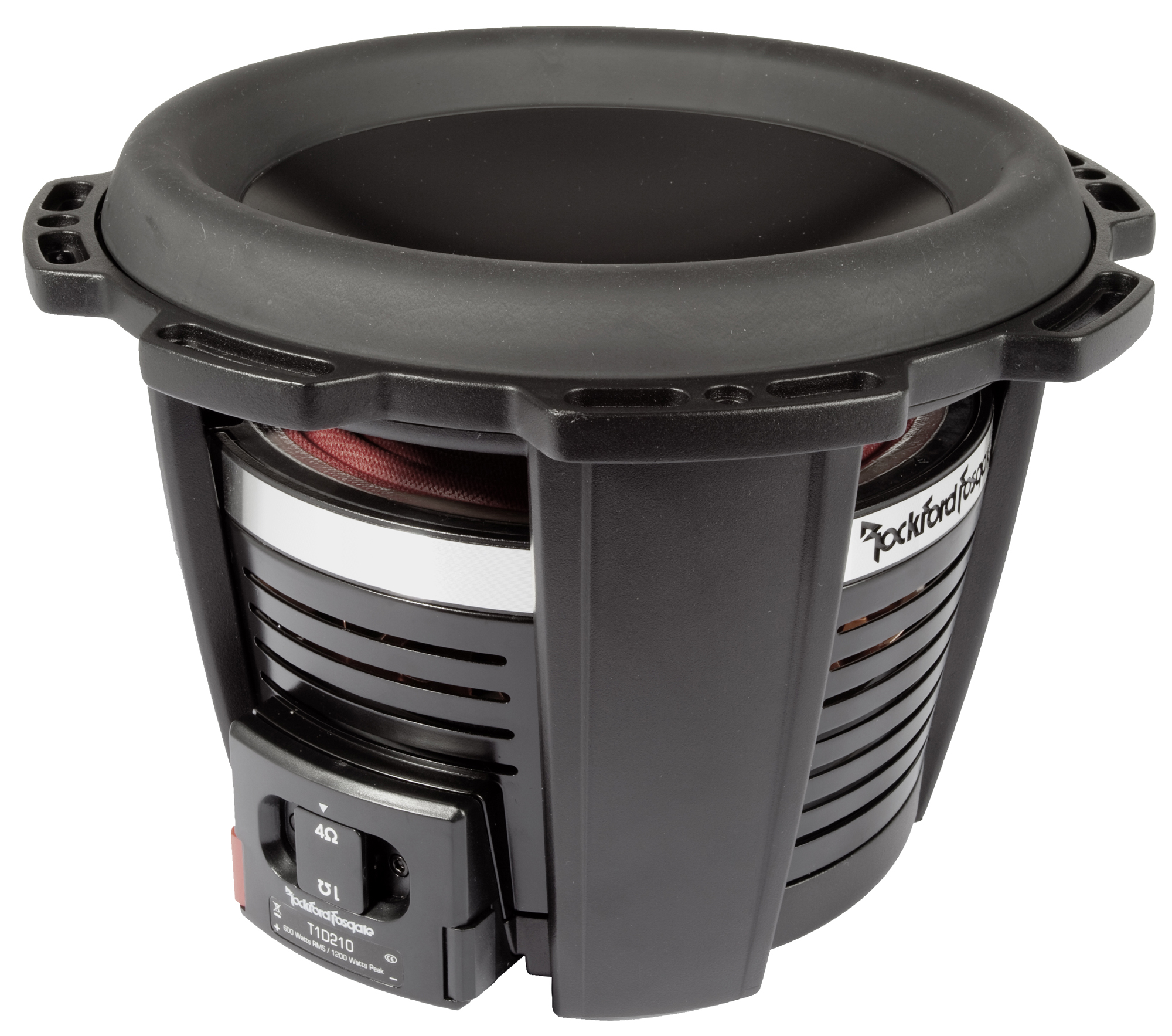 Ein schwarzer Subwoofer mit rotem Innenraum. Er hat einen Schalter und der Markenname Rockford Fosgate ist sichtbar.