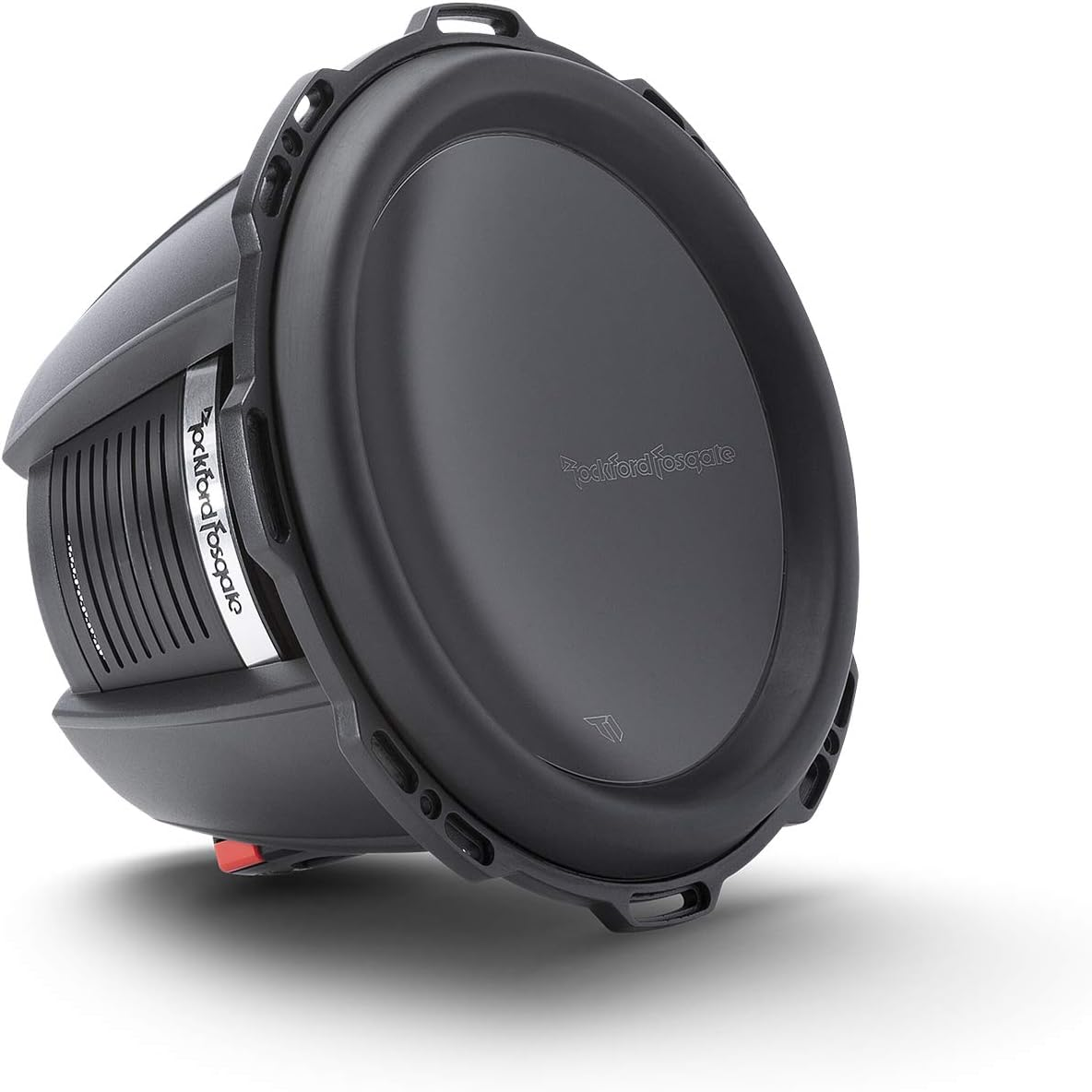Ein schwarzer Subwoofer mit großem Lautsprecher. Er hat ein abgerundetes Design. Der Markenname Rockford Fosgate ist sichtbar.