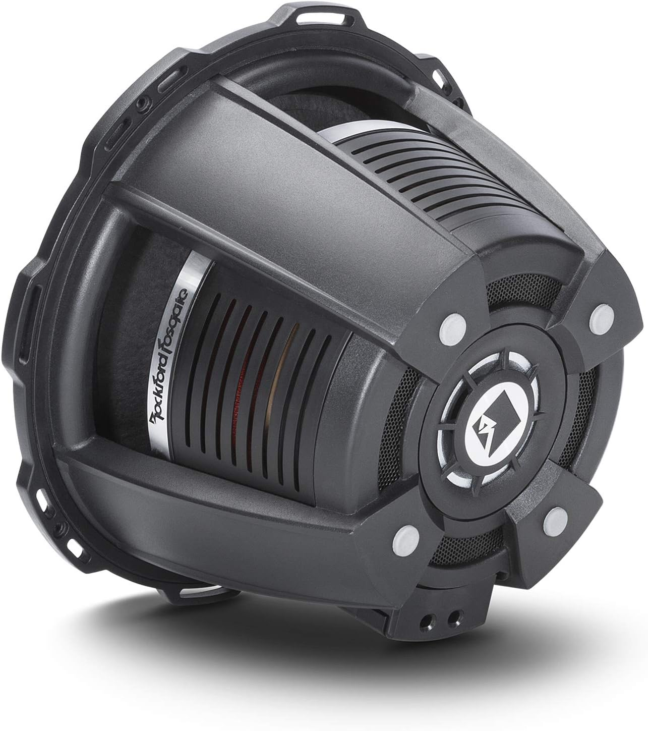 Nahaufnahme eines schwarzen Auto-Subwoofers. Er hat eine runde Form mit einem Mesh-Grill und dem Markennamen Rockford Fosgate.