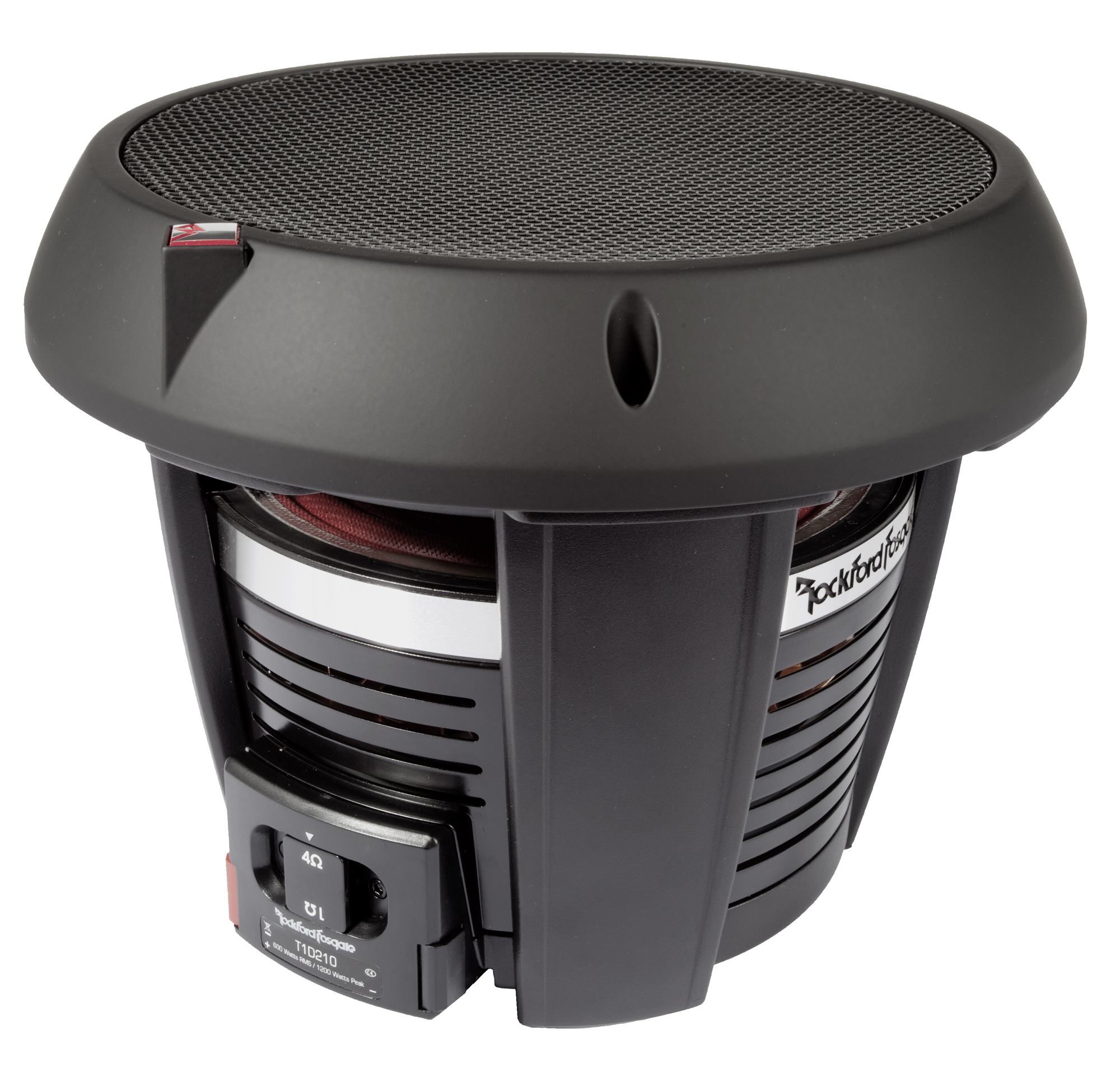 Ein schwarzer Subwoofer mit einem Mesh-Top. Es hat das Rockford Fosgate-Logo und ein Bedienfeld mit Watt-Details.