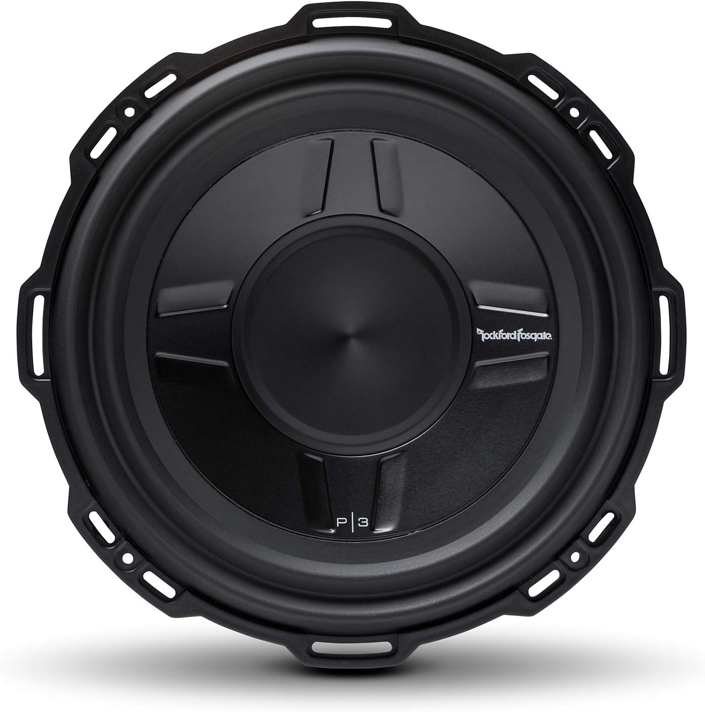 Ein schwarzer Subwoofer mit einem zentralen Konus, umgeben von einem kreisförmigen Rahmen. Der Markenname "Rockford Fosgate" ist sichtbar.