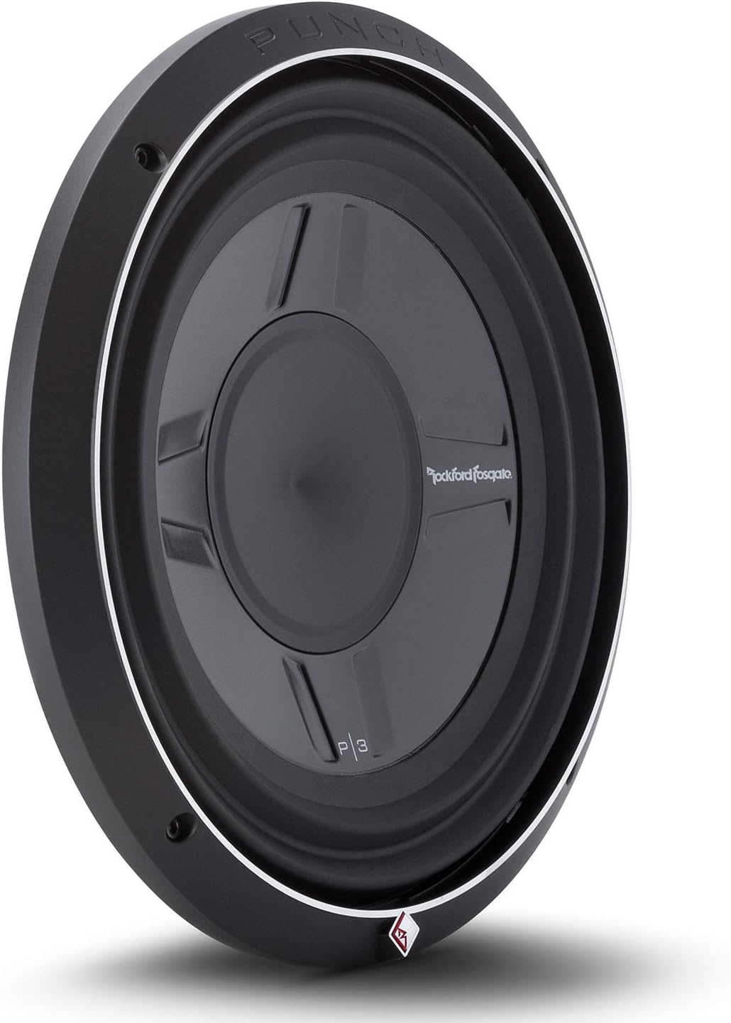 Ein schwarzer Subwoofer mit silberner Zierleiste. Der Lautsprecher trägt die Aufschrift "PUNCH" und "Rockford Fosgate".