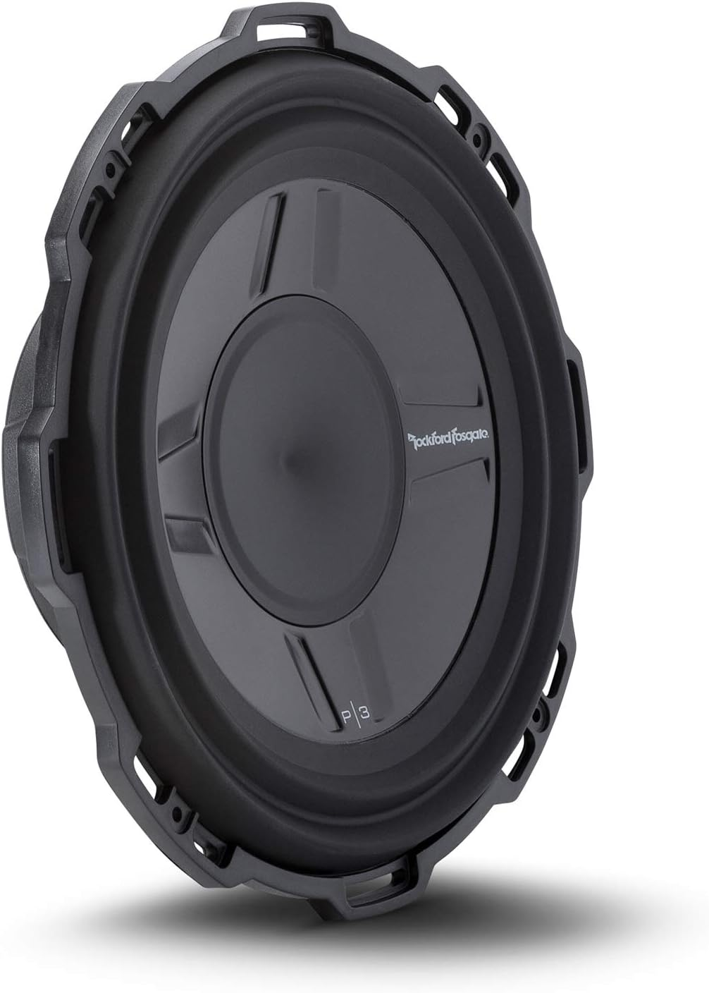 Schwarzer Subwoofer mit kreisförmigem Design. Mit dem Markennamen Rockford Fosgate. Das P3-Modell ist sichtbar.