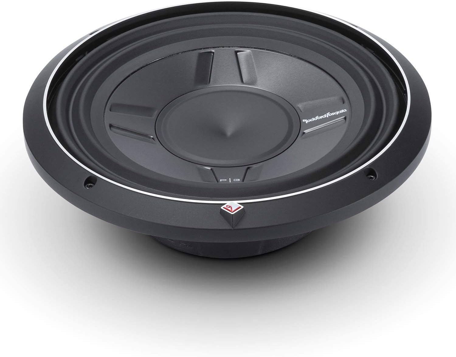 Schwarzer Subwoofer mit silberner Zierleiste und dem Markennamen 'Rockford Fosgate' auf der Membran, isoliert auf weißem Hintergrund.