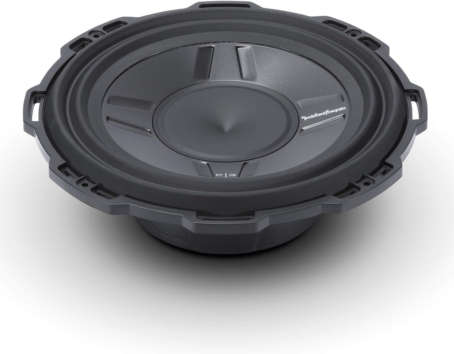 Ein schwarzer Subwoofer auf weißem Grund. Er hat einen Konus in der Mitte und einen schützenden Außenring.