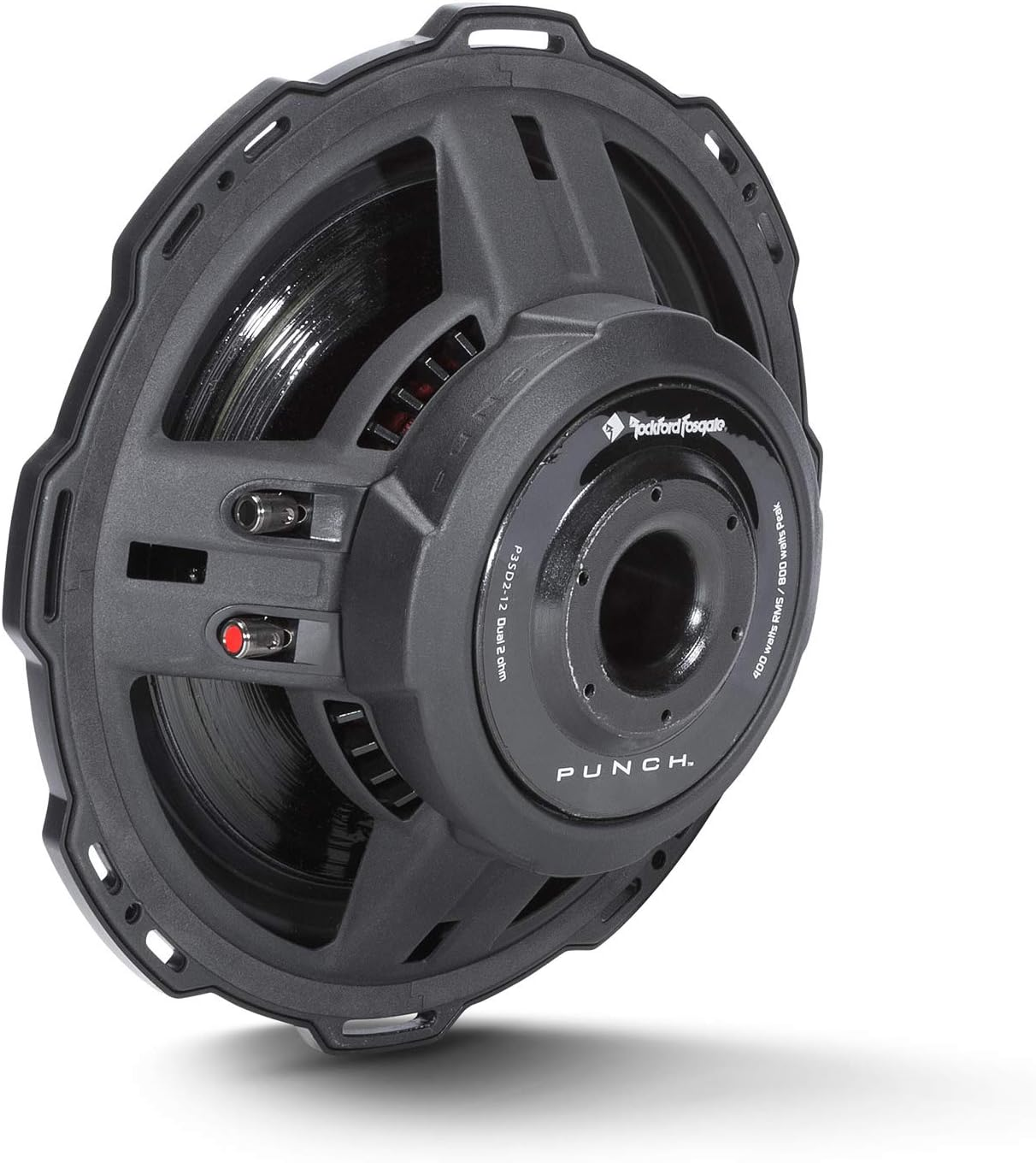 Ein schwarzer Rockford Fosgate PUNCH-Subwoofer. Er hat eine kreisförmige Form mit einer zentralen Öffnung und roten Anschlüssen. Der Hintergrund ist weiß.