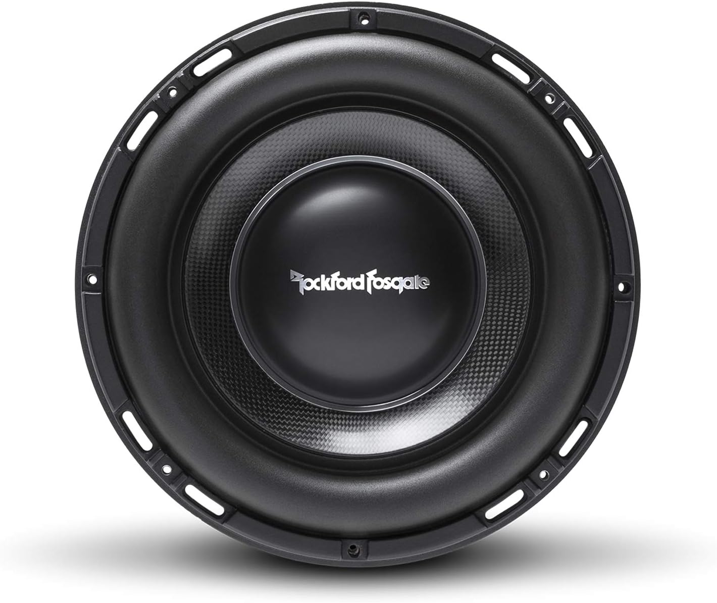 Nahaufnahme eines schwarzen Rockford Fosgate Subwoofers. Er hat ein kreisförmiges Design mit einer zentralen Kuppel, umgeben von Kohlefaser.