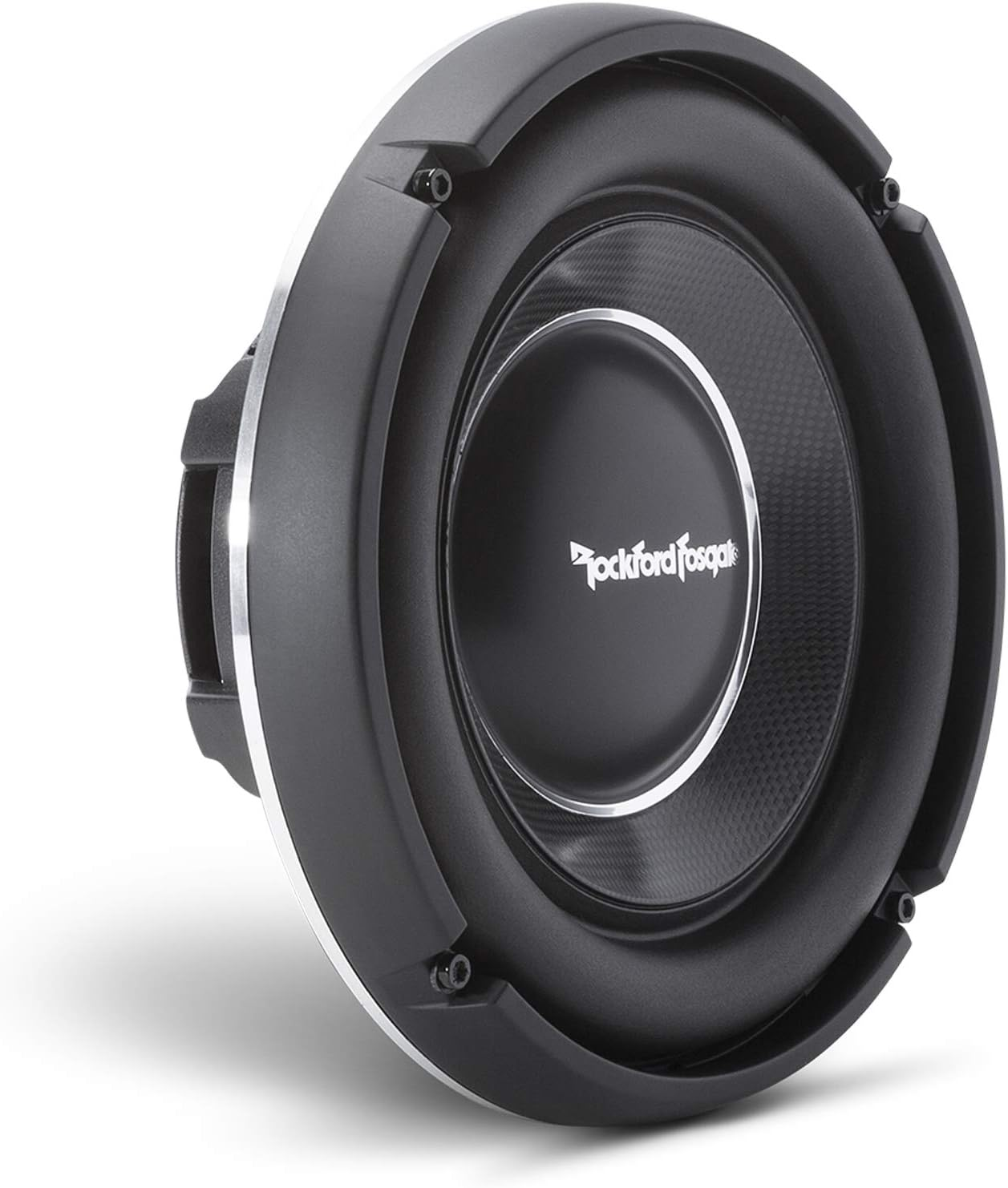 Ein schwarzer Subwoofer mit silberner Zierleiste und dem Logo 'Rockford Fosgate'. Der Lautsprecher steht vor weißem Hintergrund.
