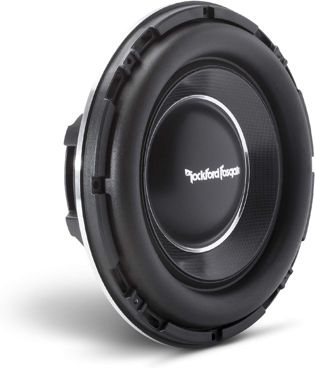 Ein schwarzer Subwoofer mit silberner Zierleiste und dem Markennamen Rockford Fosgate ist sichtbar. Der Konus hat eine strukturierte Kohlefaseroptik.