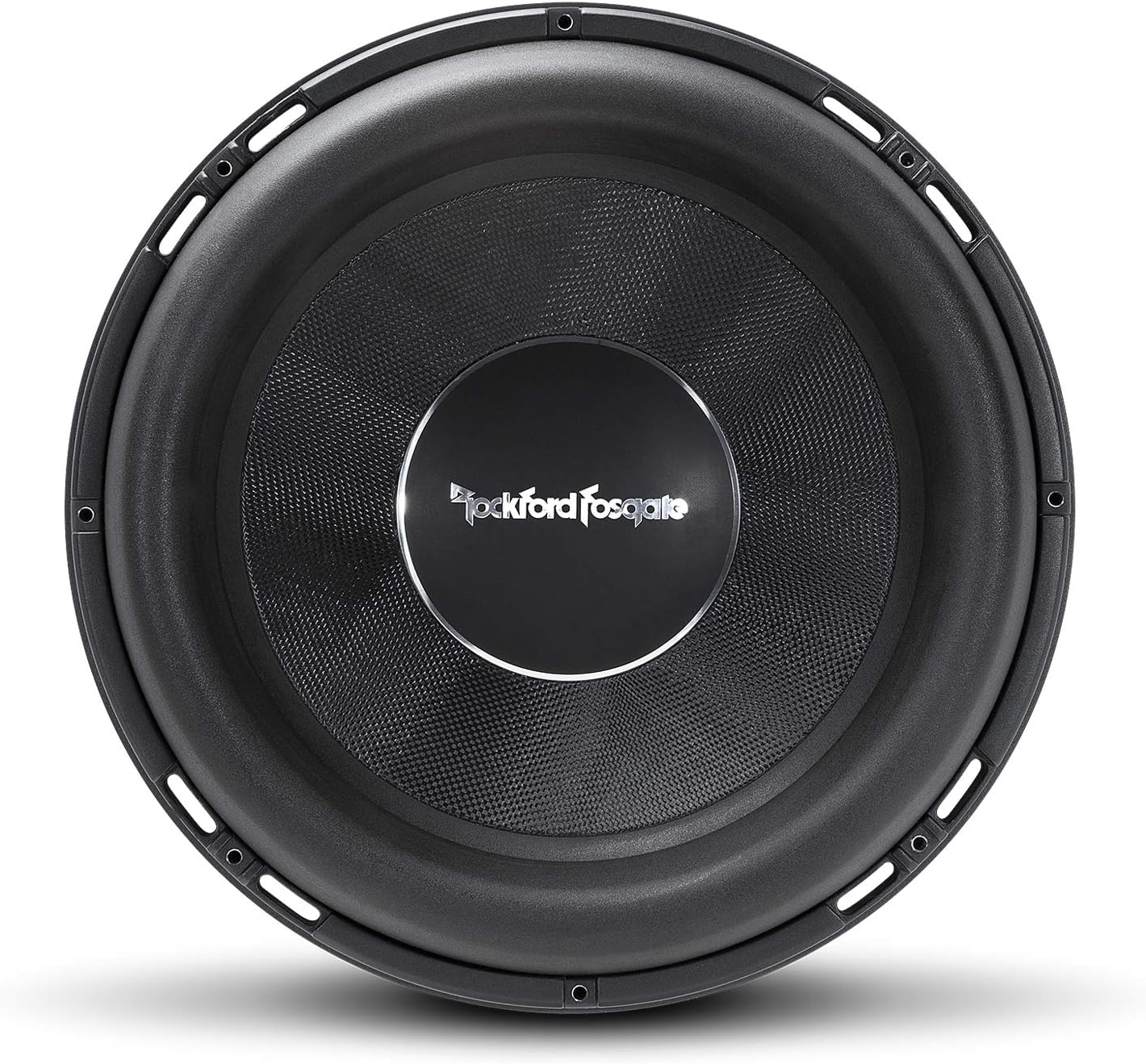 Ein schwarzer Subwoofer mit einem zentralen Lautsprecherkonus. Der Markenname Rockford Fosgate ist sichtbar. Der Lautsprecher ist rund und hat einen Metallrand.