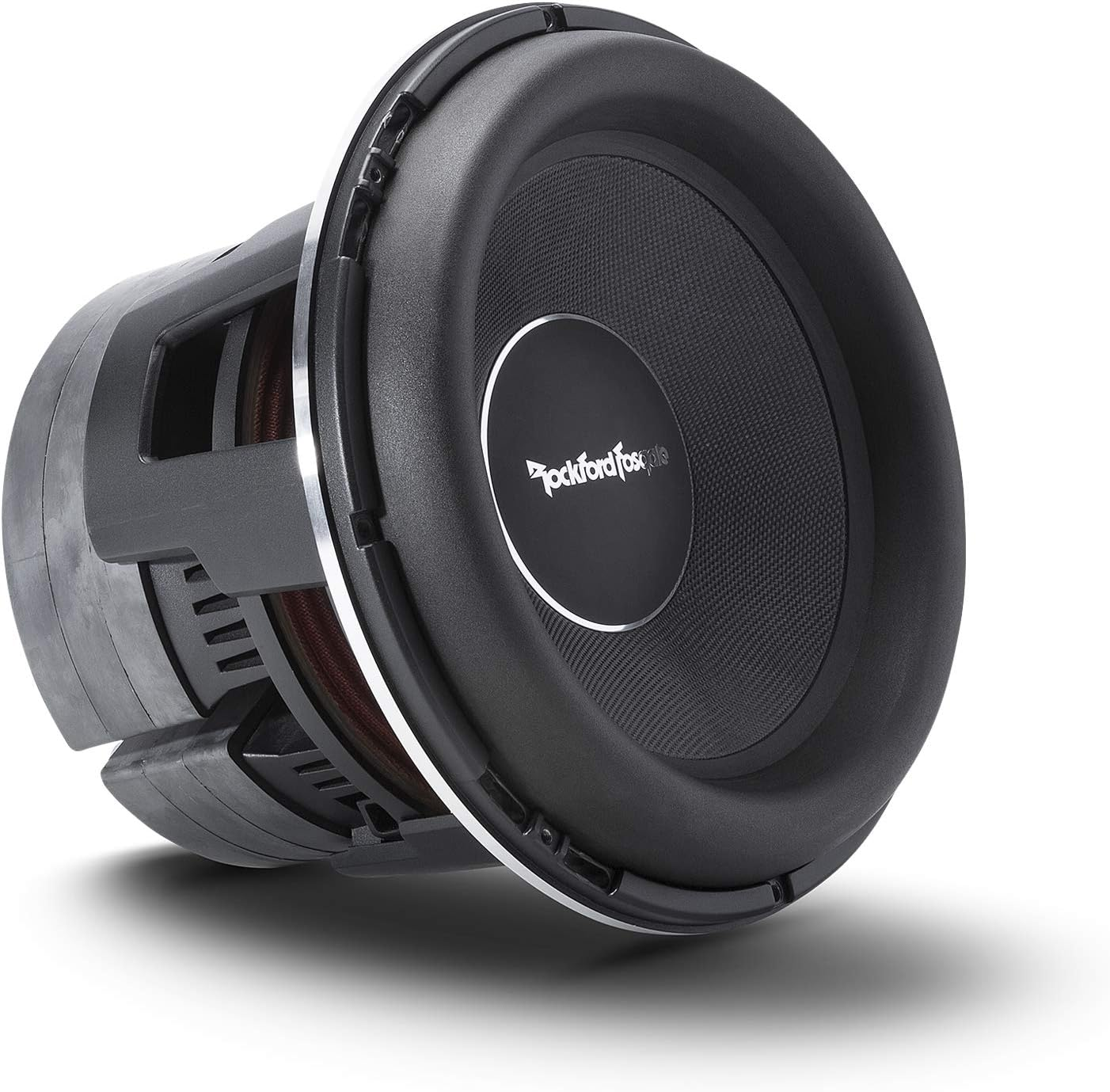 Ein schwarzer Subwoofer mit einem Mesh-Lautsprecherkonus. Der Markenname Rockford Fosgate ist sichtbar. Er steht auf einer weißen Oberfläche.