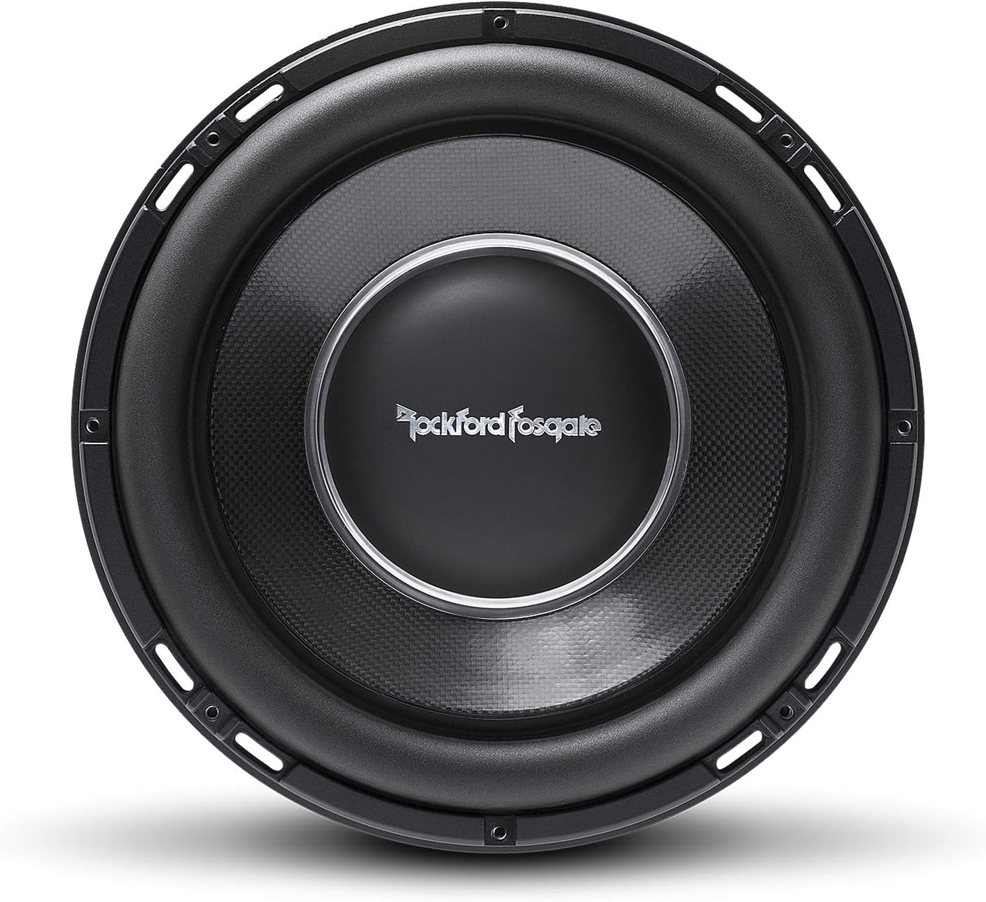 Nahaufnahme eines schwarzen Rockford Fosgate-Subwoofers. Es hat ein kreisförmiges Design mit einem zentralen Lautsprecher und einem schwarzen Rahmen.