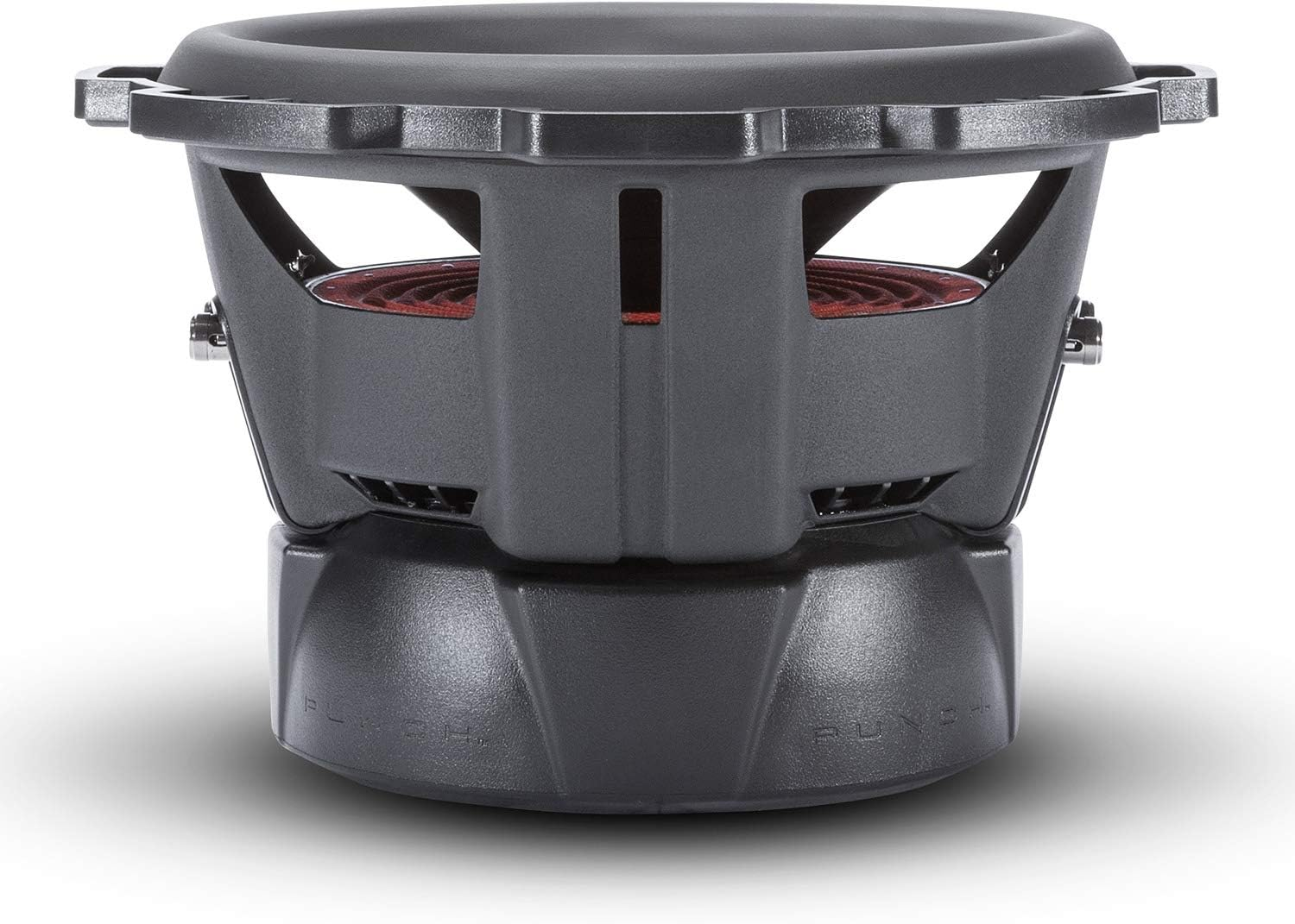 Ein schwarzer Subwoofer mit roter Innenausstattung, die durch Öffnungen sichtbar ist. Er hat eine kreisförmige Oberseite und einen ausgestellten Sockel.