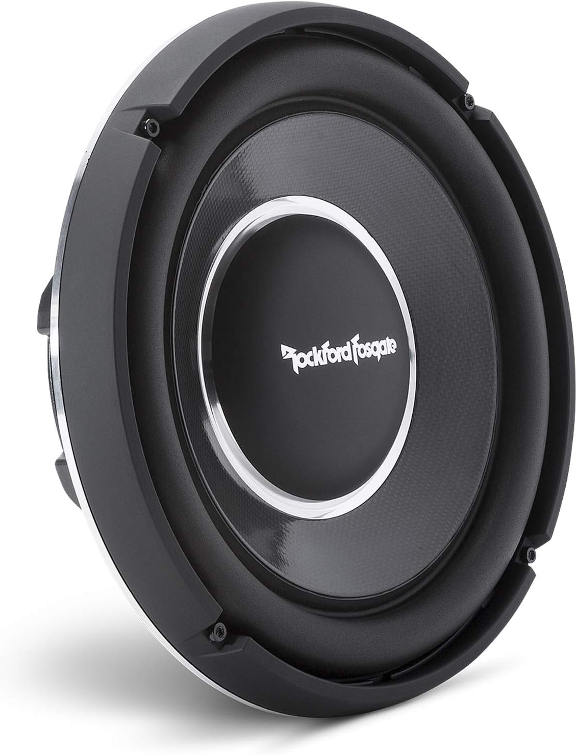 Nahaufnahme eines schwarzen Subwoofers mit silberner Zierleiste, das Rockford Fosgate-Logo ist in der Mitte sichtbar.