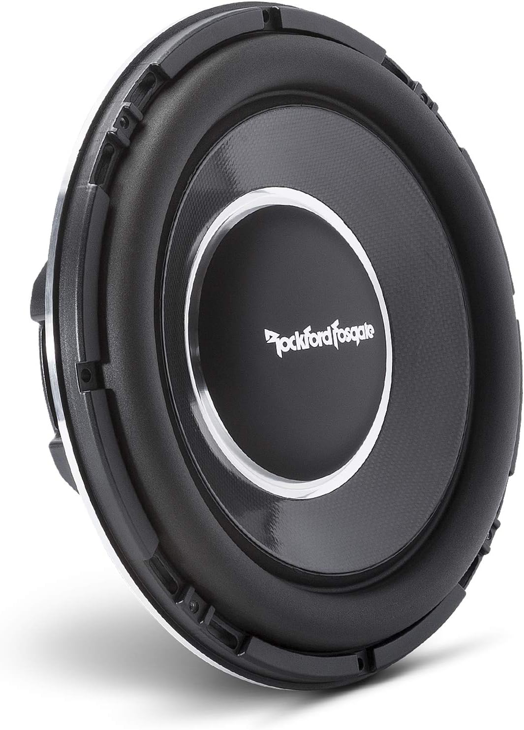 Nahaufnahme eines schwarzen Subwoofers mit silberner Einfassung und dem Logo 'Rockford Fosgate'. Das Design ist kreisförmig mit mehreren Schichten.