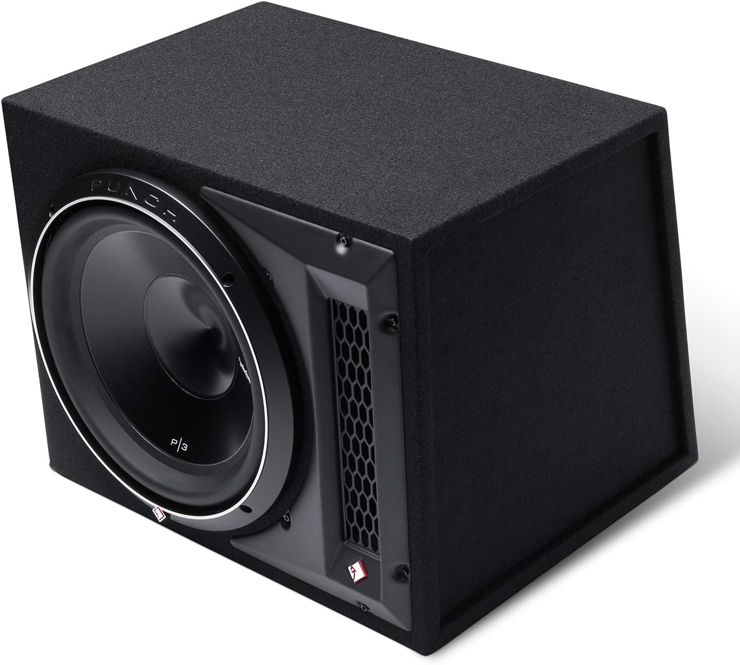 Schwarzer Subwoofer mit Lautsprecher, silbernem Ring und Wabenbelüftung. Ober- und Seitenflächen sind strukturiert.