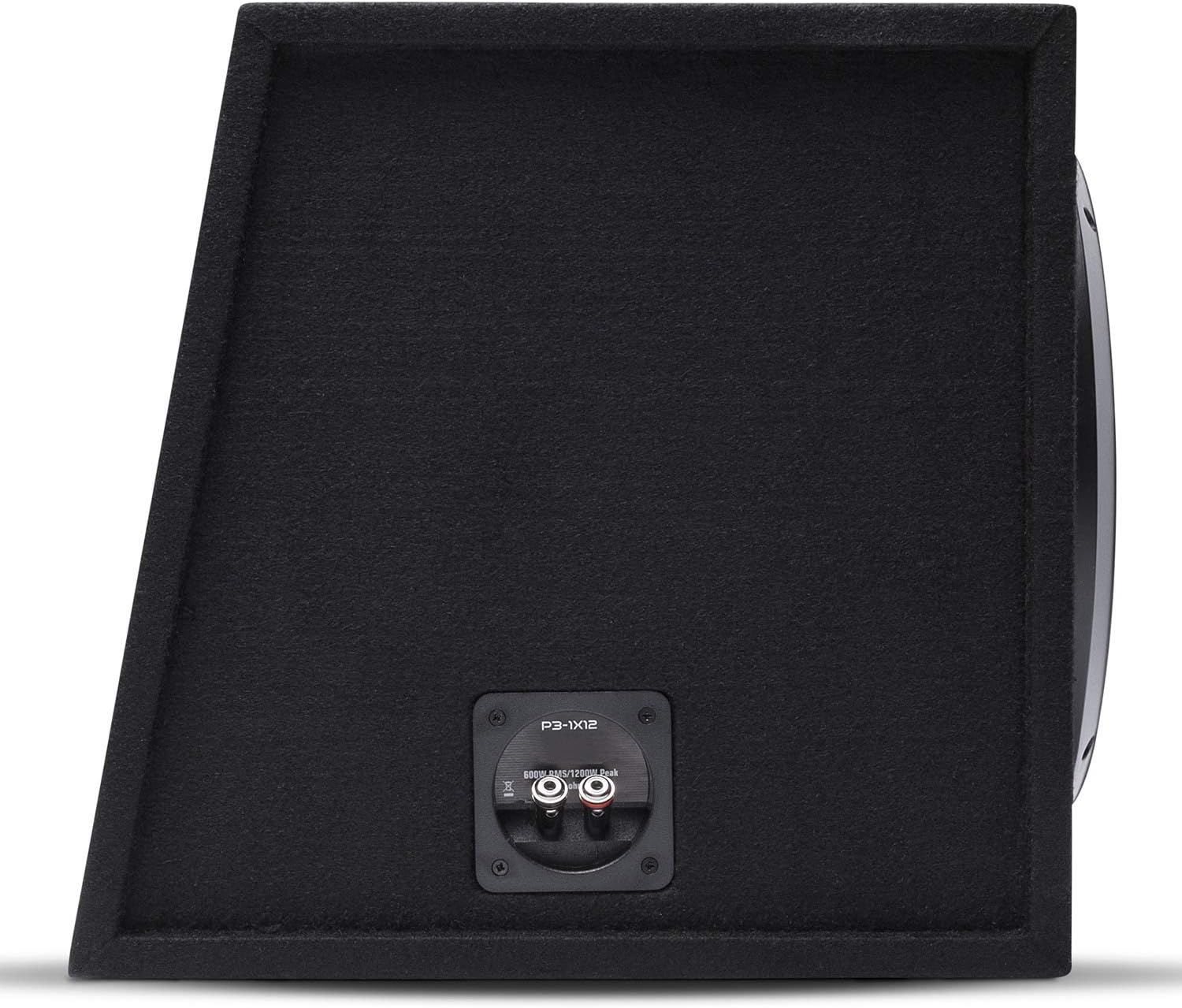 Eine schwarze Subwoofer-Box mit abgewinkelten Seiten. Sie hat Lautsprechereingänge und die Modellnummer P3-1X12 ist sichtbar.