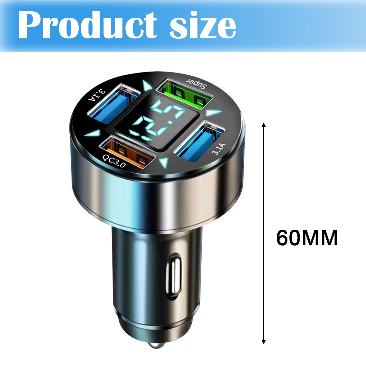 Ein Autoladegerät mit vier USB-Anschlüssen, einem Digitaldisplay und dem Text 'Produktgröße' darüber. Die Höhe ist mit 60 mm angegeben.