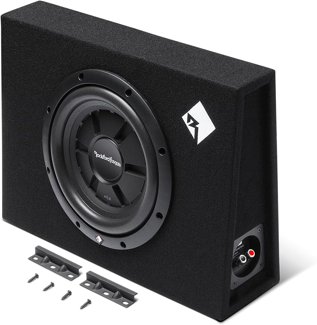 Schwarzer Subwoofer mit Lautsprecher, schwarzem Rahmen und weißem Logo. Wird mit Halterungen und Schrauben geliefert.