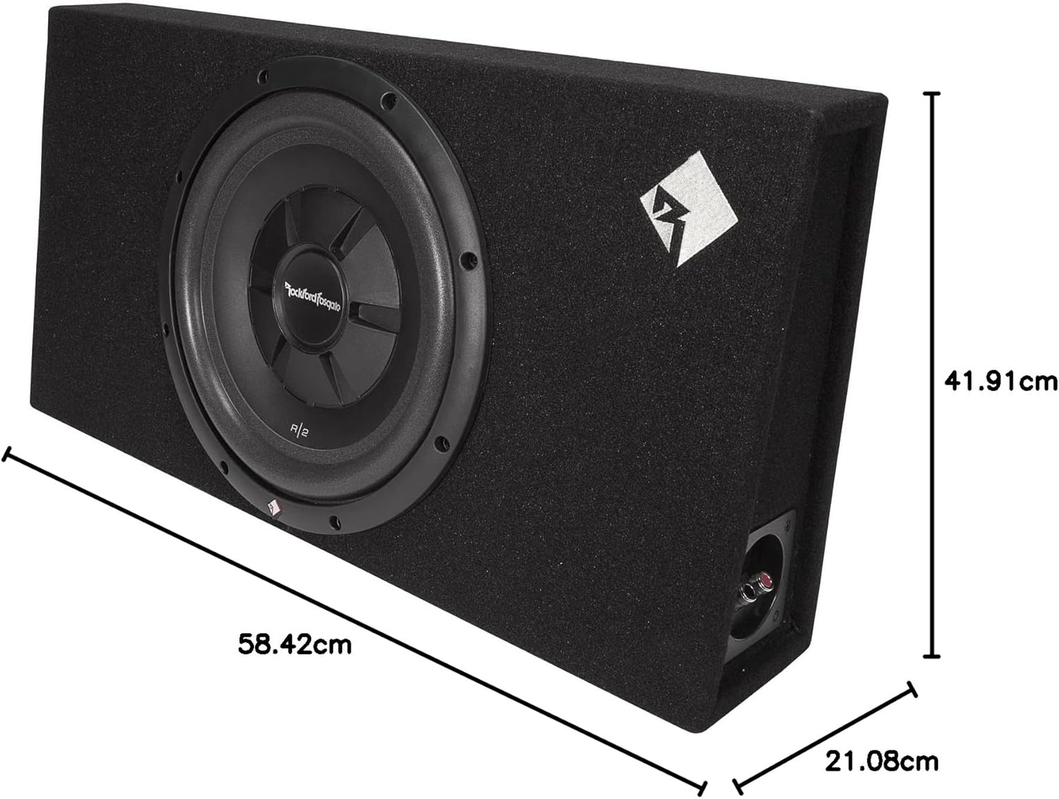 Eine schwarze Subwoofer-Box mit einem großen Lautsprecher. Maße sind angegeben. Der Lautsprecher hat die Marke Rockford Fosgate.