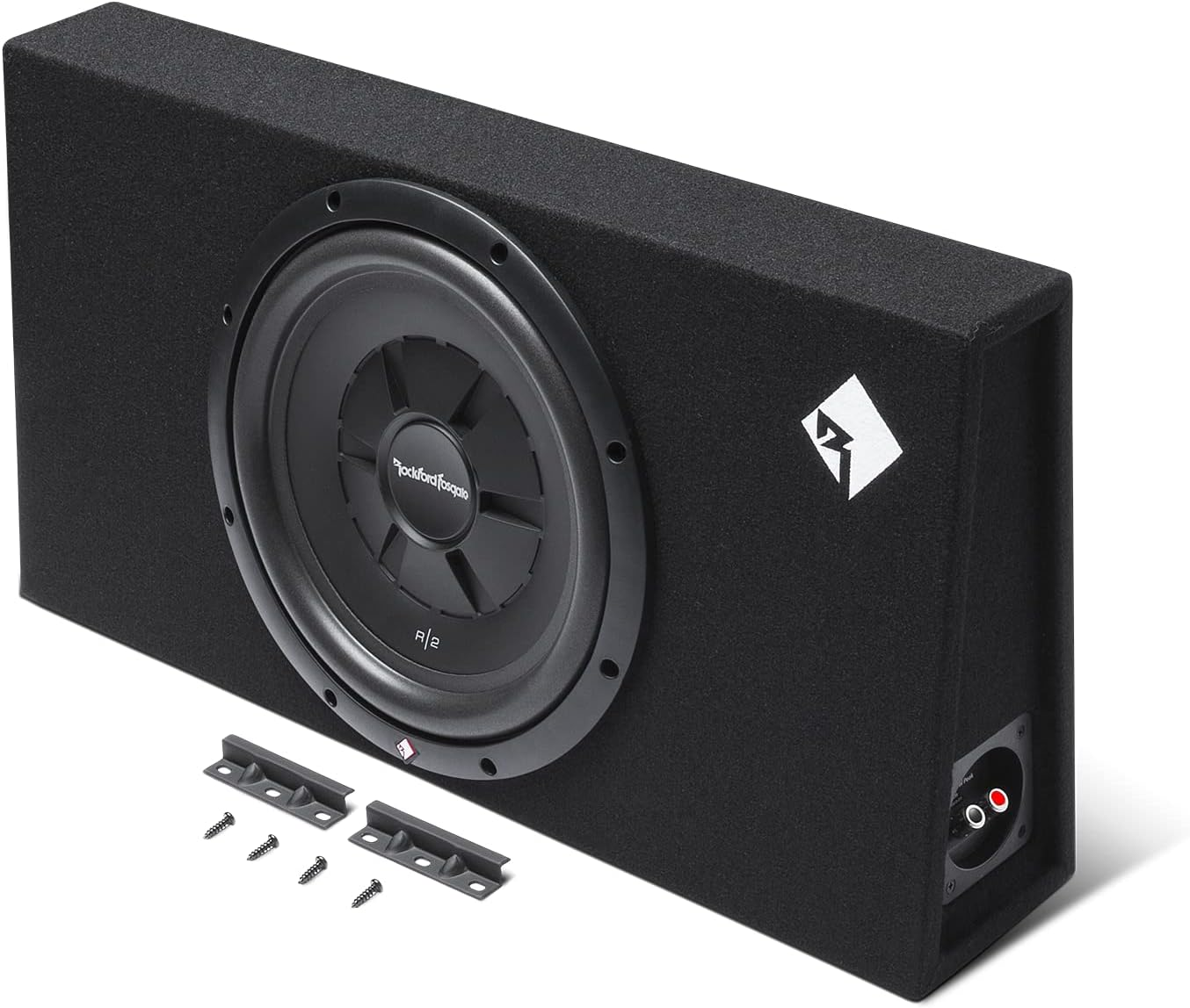 Schwarze Subwoofer-Box mit großem Lautsprecher. Enthält Montagehalterungen und Schrauben. Hat ein weißes Logo.