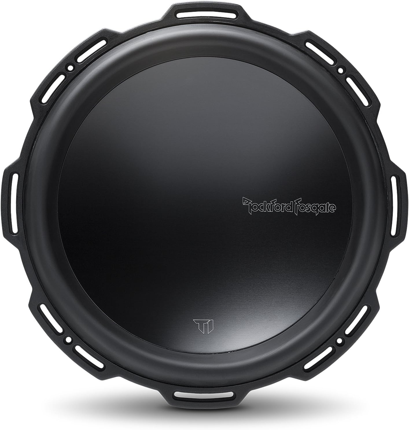 Ein schwarzer Subwoofer mit rundem Design. Er hat einen zentralen Konus, einen umlaufenden Rahmen und das Rockford Fosgate Logo.