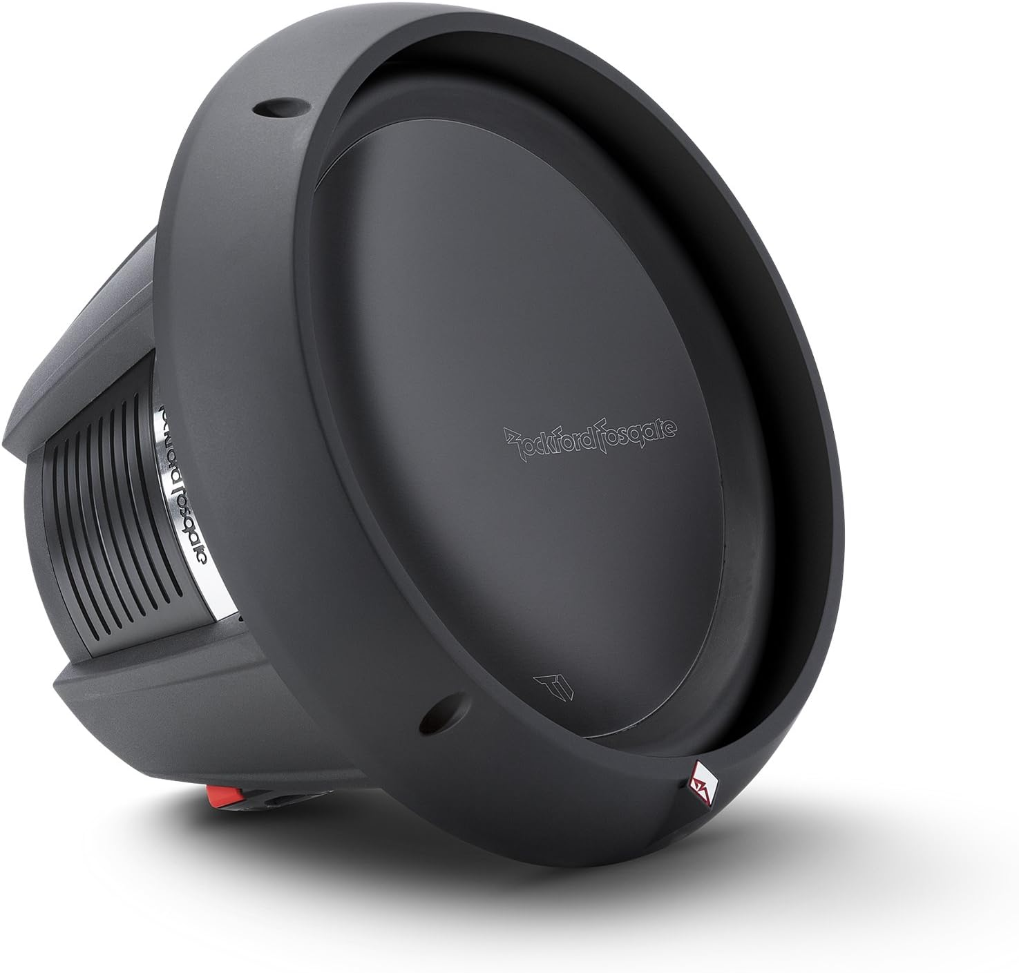 Ein schwarzer Subwoofer mit kreisförmigem Design. Er hat den Markennamen 'Rockford Fosgate' und eine rote Taste.