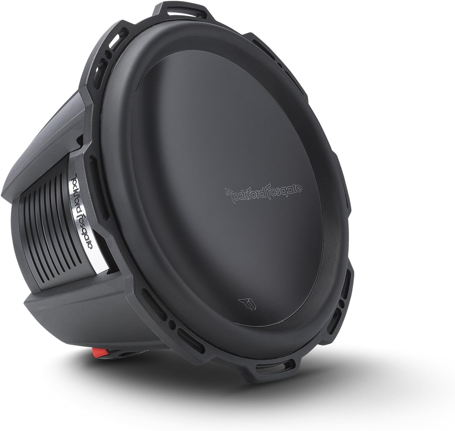 Ein schwarzer Subwoofer mit kreisförmigem Lautsprecher und dem Markennamen Rockford Fosgate. Er befindet sich auf weißem Grund und wirft einen Schatten.