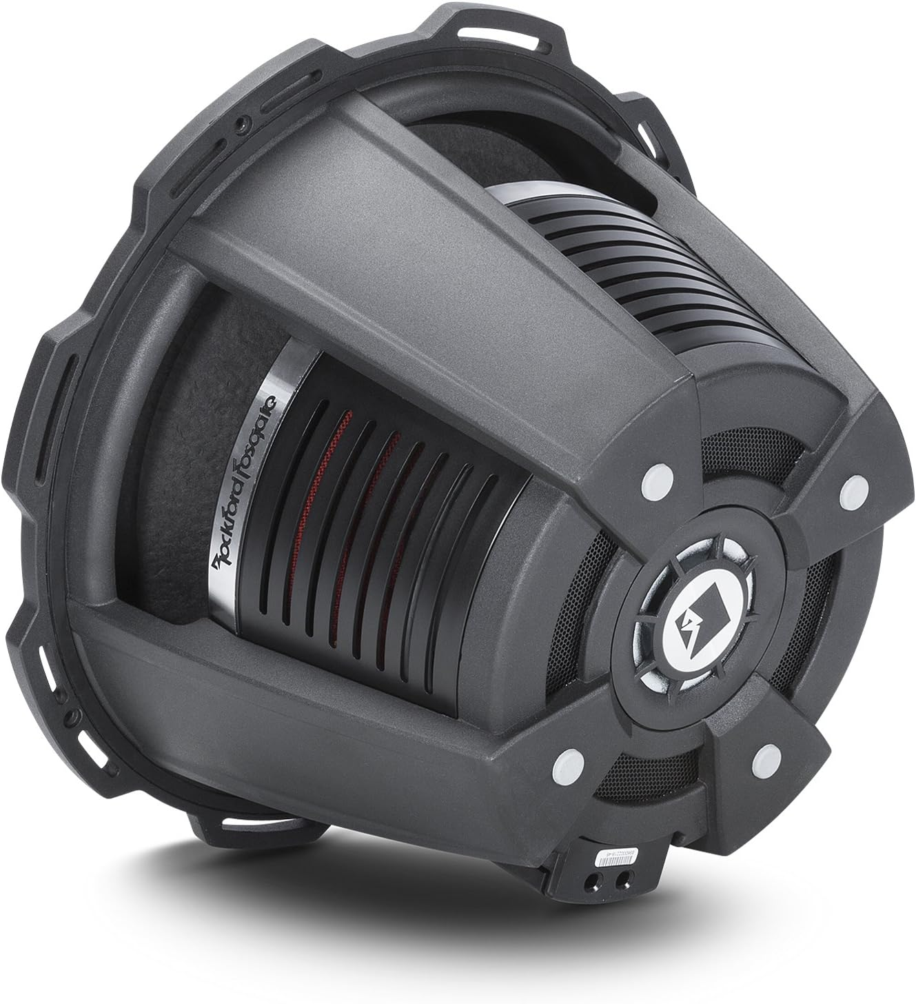 Ein dunkelgrauer Rockford Fosgate Subwoofer. Er hat ein Mesh-Gitter und ein zylindrisches Design mit dem Logo der Marke.