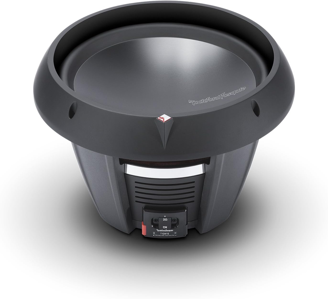 Schwarzer Subwoofer, Draufsicht, auf weißem Hintergrund. Er hat eine abgerundete Oberseite und ein Bedienfeld unten. Das Markenlogo ist sichtbar.