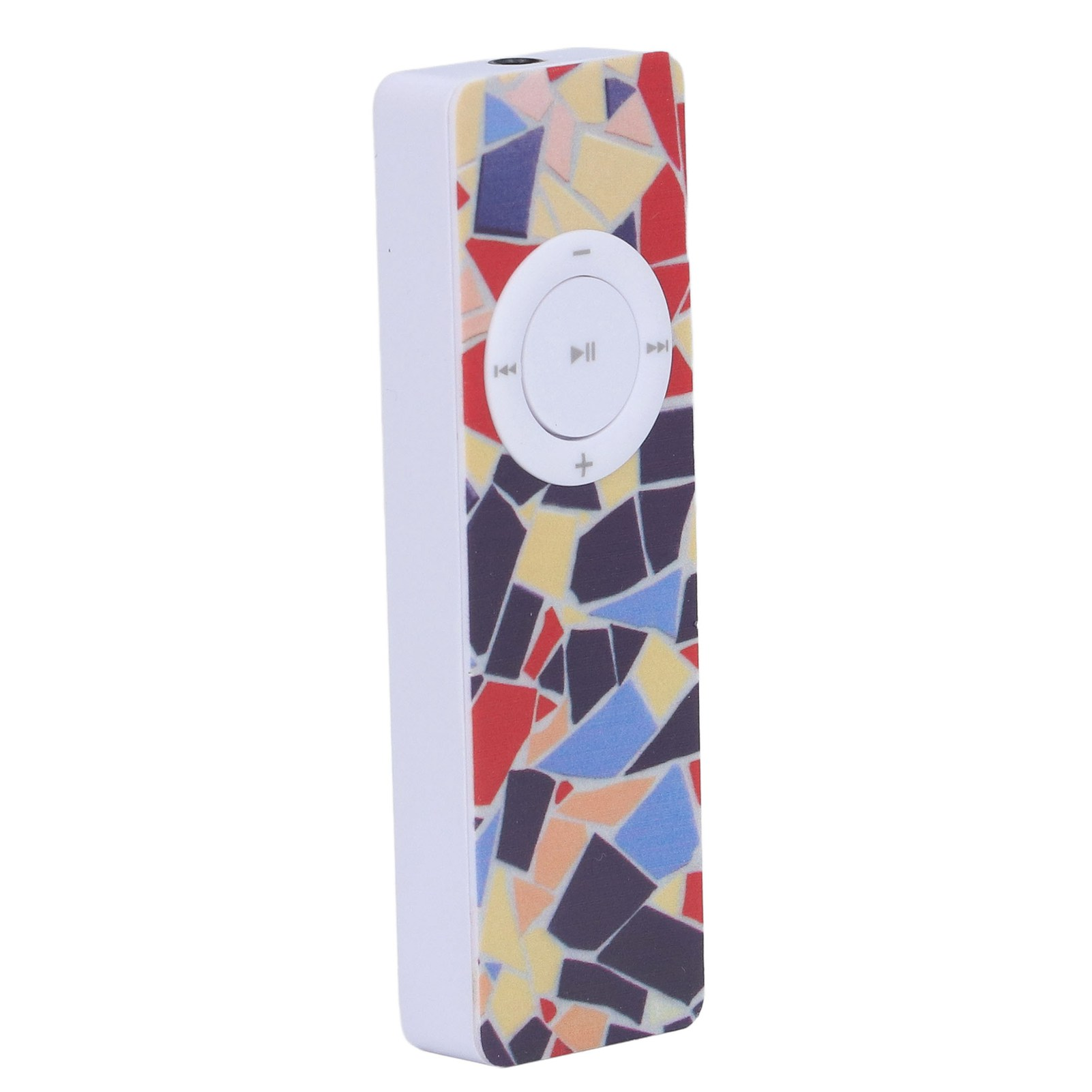 Ein weißer MP3-Player mit einem bunten Mosaik-Design. Er hat eine kreisförmige Steuerung mit Wiedergabe/Pause- und Lautstärketasten.