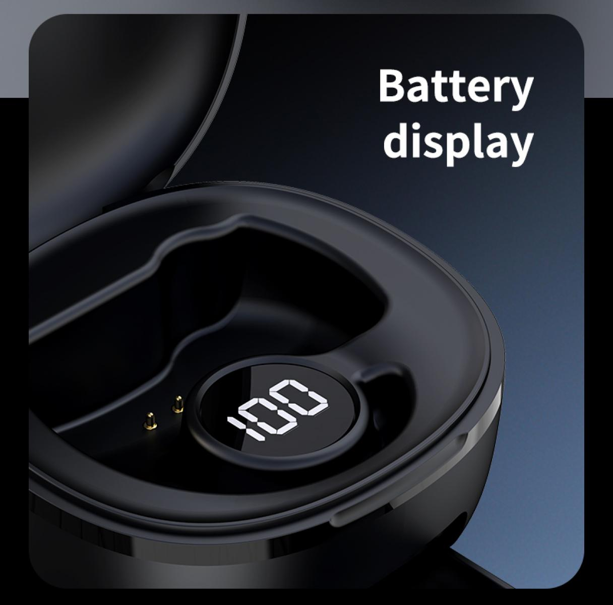 Schwarzes Kopfhörer-Etui mit 100 % Batterielebensdauer auf einem digitalen Bildschirm. Der Deckel ist geöffnet. Goldene Ladepunkte sind sichtbar.
