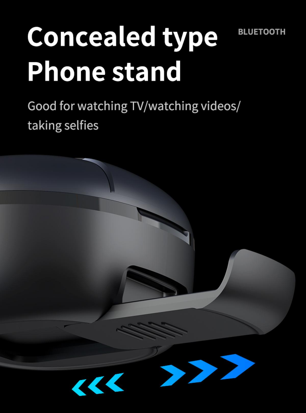 Ein schwarzer Telefonständer mit dem Text 'Concealed type Phone stand' und 'BLUETOOTH'. Er ist zum Ansehen von Videos und für Selfies konzipiert.