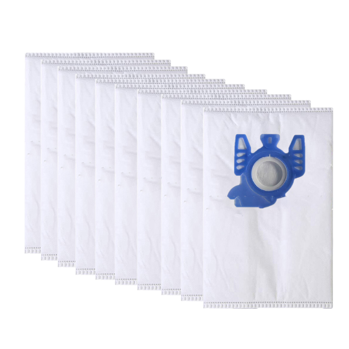 Nove sacchi bianchi per aspirapolvere sono disposti in fila. Un sacco ha un attacco in plastica blu. I sacchi sono su sfondo bianco.