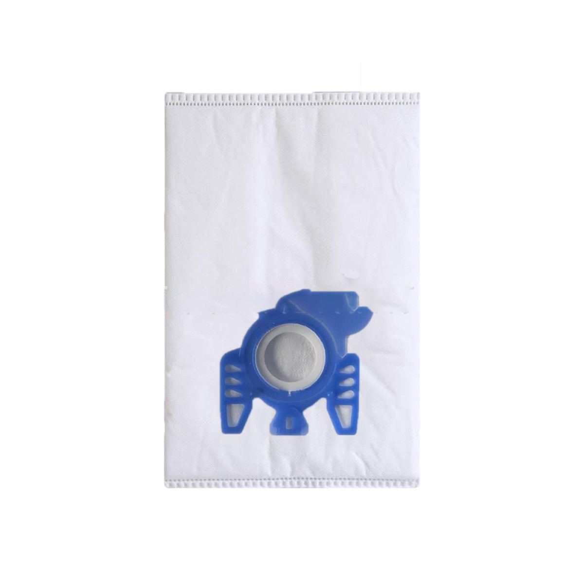 Un sacco bianco per aspirapolvere con un connettore di plastica blu. Il connettore ha un'apertura circolare al centro.