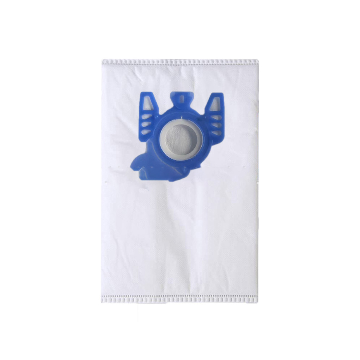 Un sacchetto bianco per aspirapolvere con un supporto in plastica blu. Il supporto ha un filtro circolare grigio centrale.