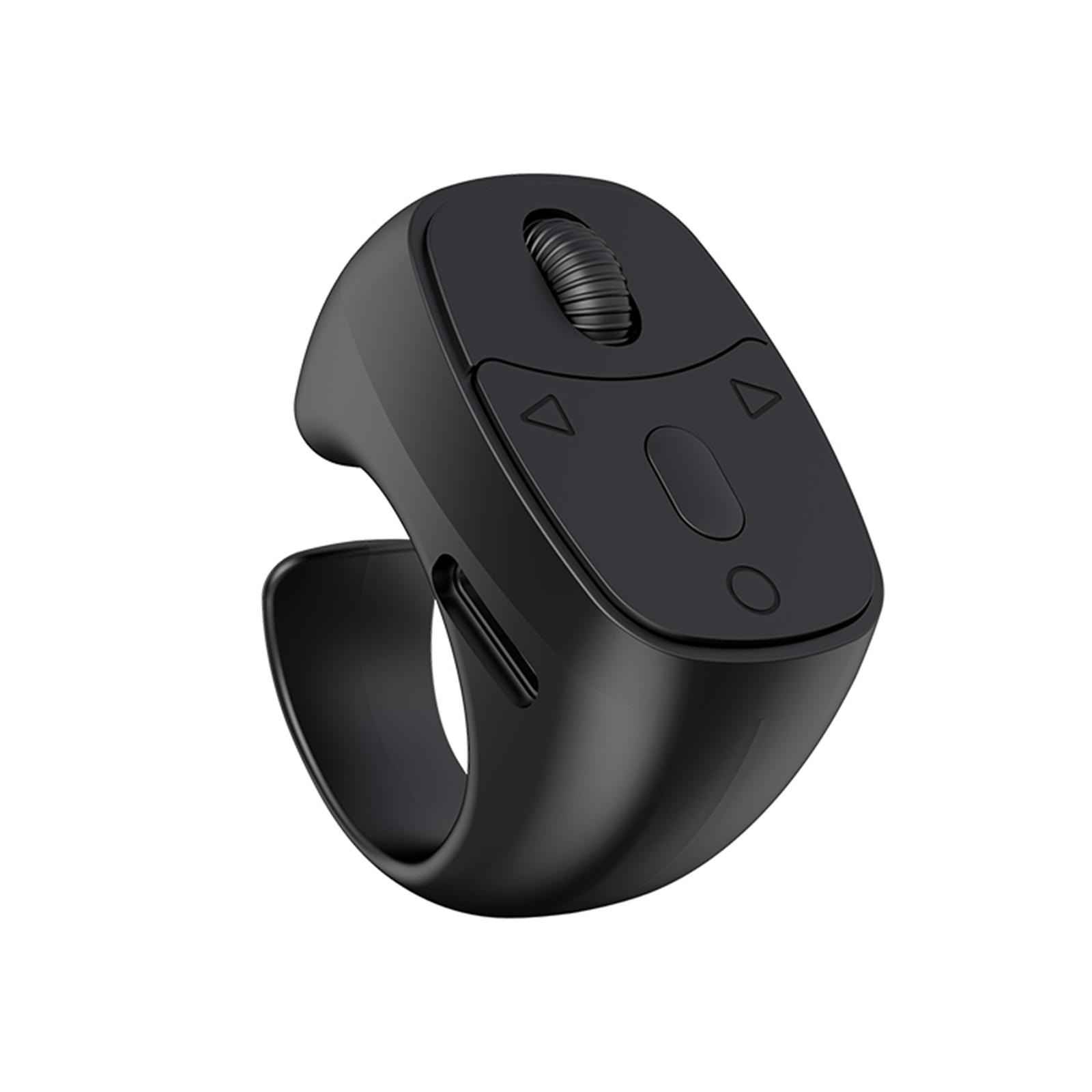 Eine schwarze, ringförmige Maus mit Scrollrad und Tasten. Sie ruht auf weißem Hintergrund. Die Maus ist schlank und modern.
