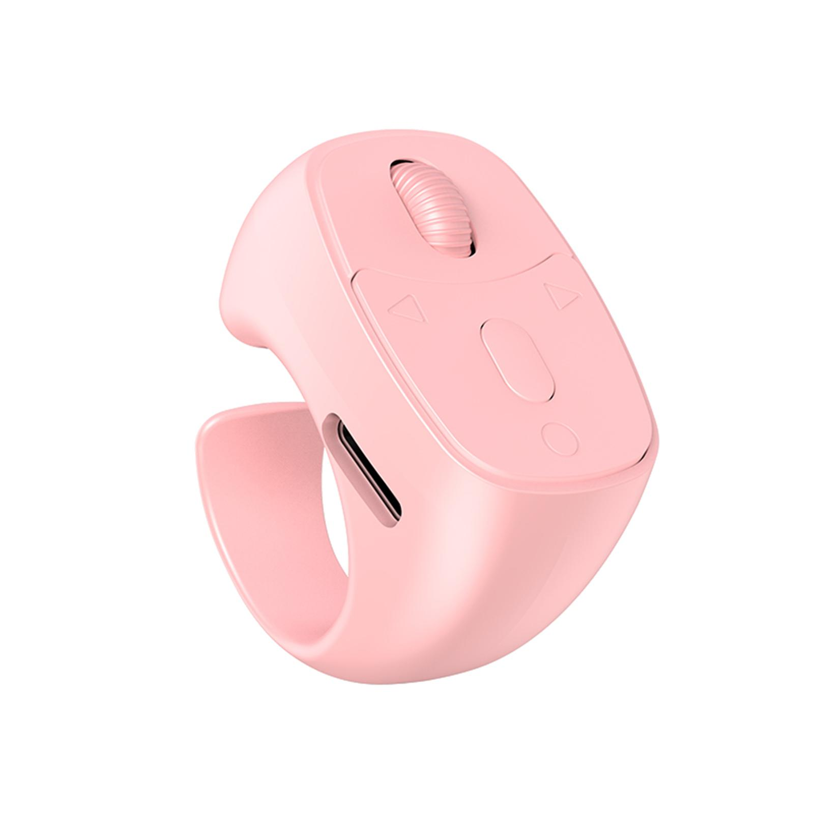 Eine rosa Computermaus mit einzigartigem Armbanddesign, mit Scrollrad und Tasten auf weißem Hintergrund.