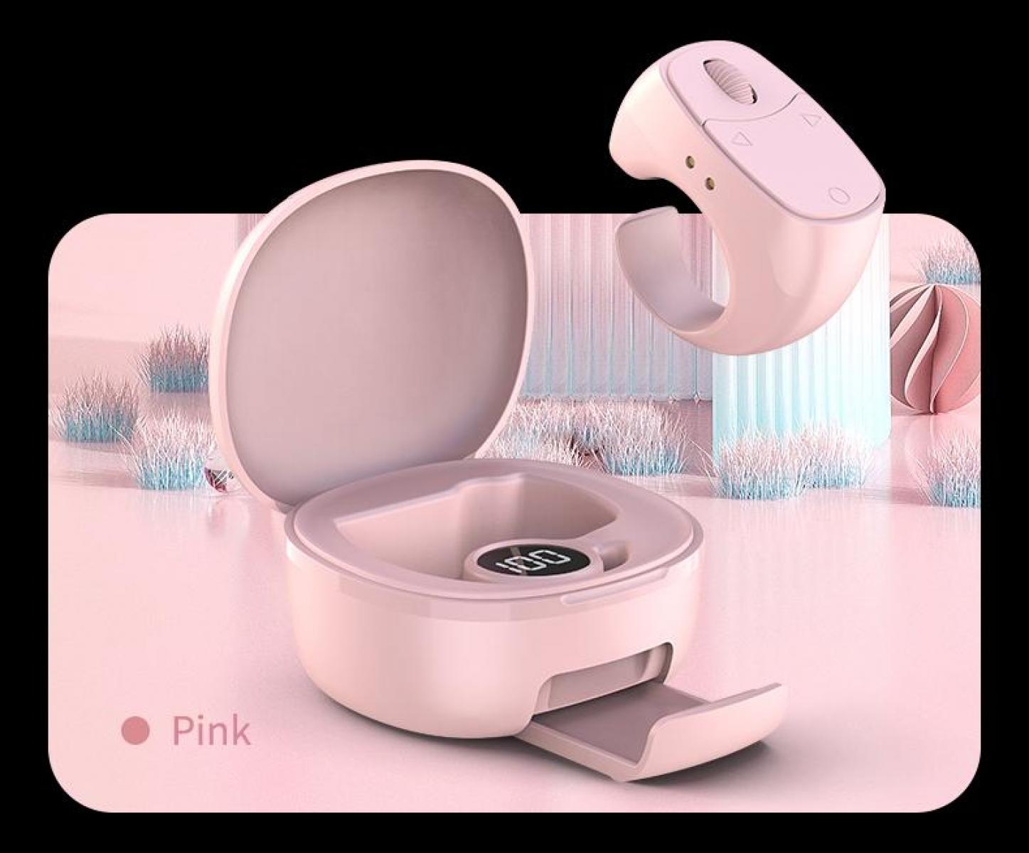 Eine rosa kabellose Maus und ein Ladekoffer. Der Koffer ist offen, die Maus ist darüber.