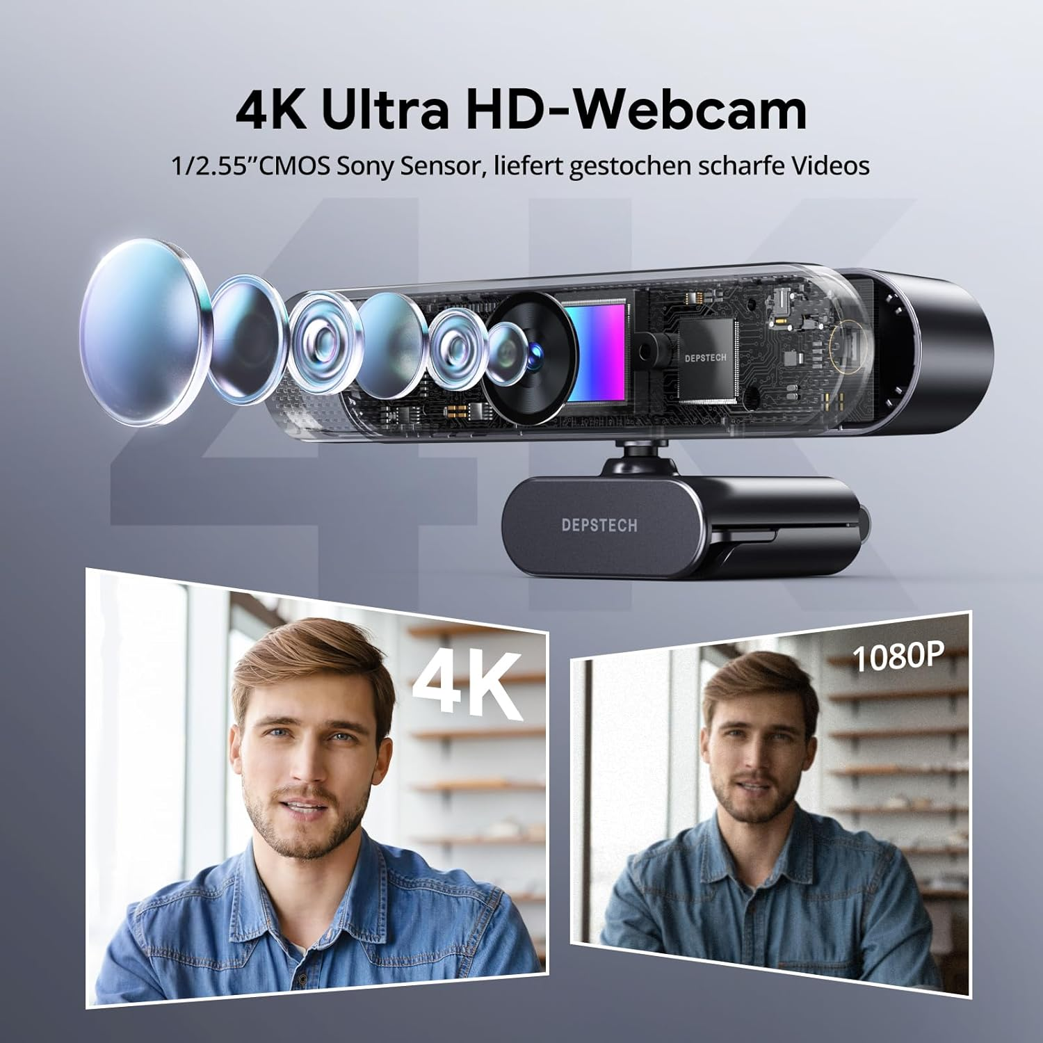 Kamera internetowa o rozdzielczości 4K i portret mężczyzny. Urządzenie jest oznaczone jako DEPSTECH. Jest też obraz 1080P tego samego mężczyzny.