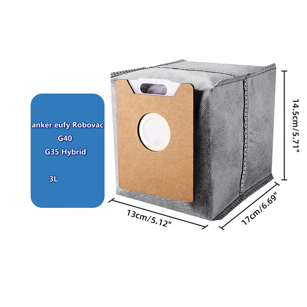 Grauer Staubsaugerbeutel mit braunem Filter. Text auf blauer Box: anker eufy Robovac G40 G35 Hybrid 3L. Abmessungen sind angegeben.