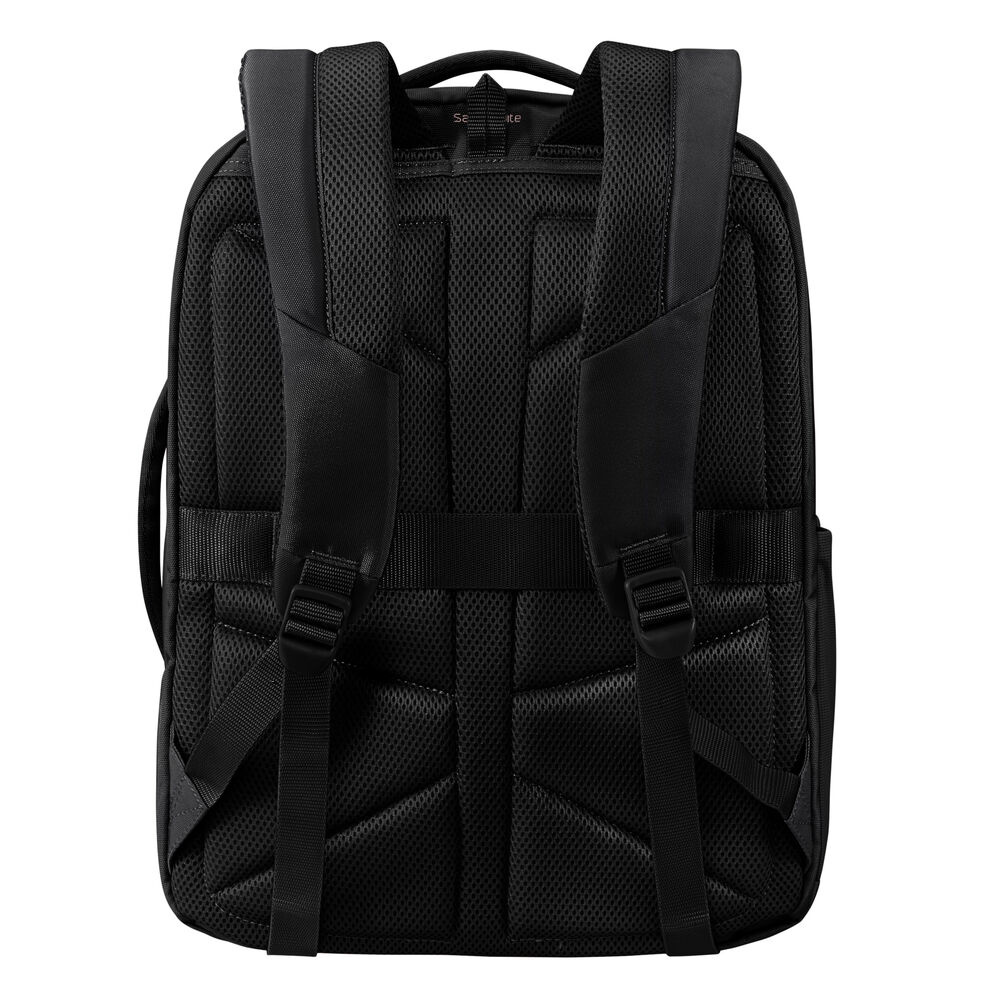 Ein schwarzer Rucksack von hinten gesehen. Er hat gepolsterte Schultergurte und ein Netzrückenteil. Gurte und Schnallen sind sichtbar.
