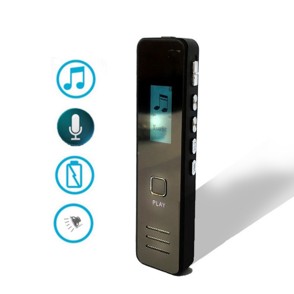 Ein schwarzer MP3-Player mit Bildschirm, der ein Notensymbol anzeigt. Mit Tasten an der Seite, einer Play-Taste und Symbolen auf der linken Seite.