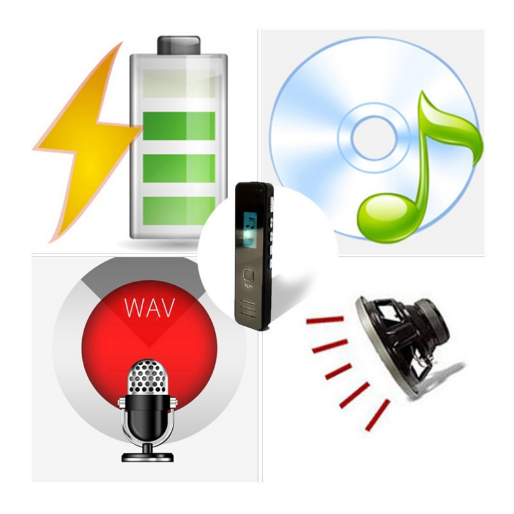 Das Bild zeigt eine Batterie, eine Audio-CD, eine Musiknote, ein Mikrofon, einen Lautsprecher und einen digitalen Audiorekorder.