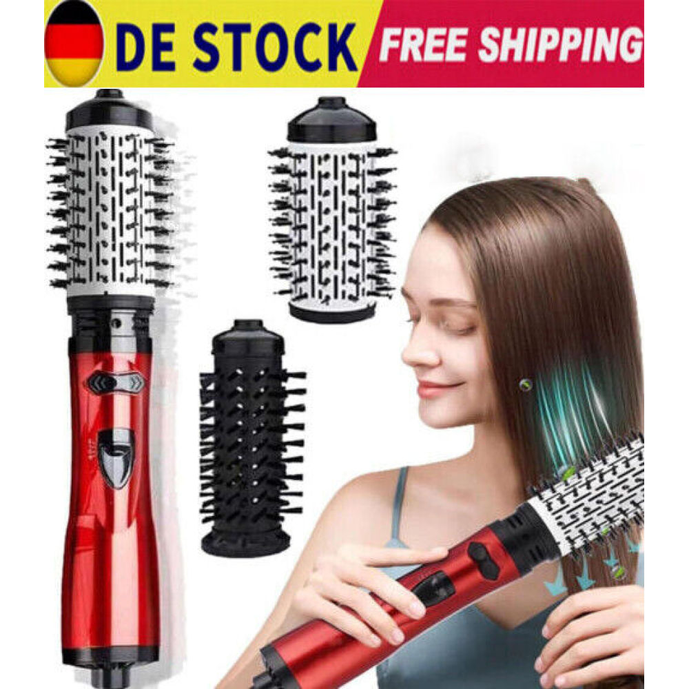 Eine Frau benutzt ein rot-schwarzes Haarstyling-Werkzeug. Mehrere Aufsätze sind abgebildet. Text: DE STOCK FREE SHIPPING.